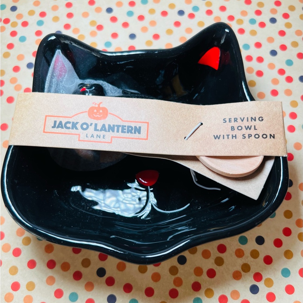 Halloween Black Kitty Cat Face Shaped Serving Bowl with Ceramic & Wood Spoon